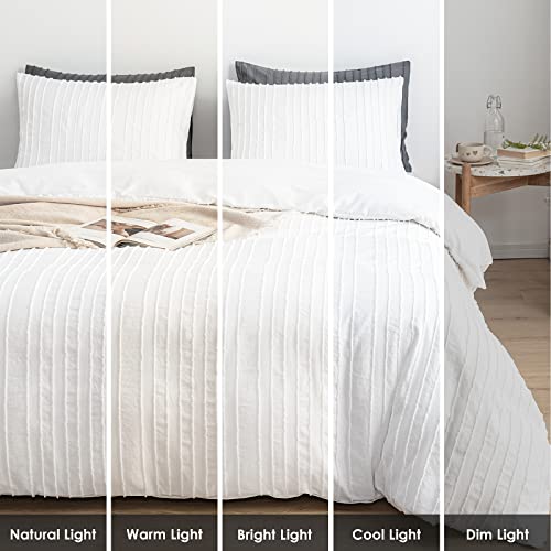 WARMDERN White Boho Duvet Cover Set Queen Size, Striped Textured Tufted Bedding Set, 3 Pcs Ultra Soft Washed Microfiber with Zipper Closure (Queen, White)