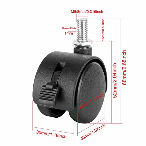 Dalyndar 4 Pack 1.5 Inch Swivel Stem Caster Wheels Replacement Casters 1.5'' Furniture Wheel with Locking Brake Metric Threaded Stem M8 Wheels for Table Drawer Plant Shelf Metal Rack Laundry Basket