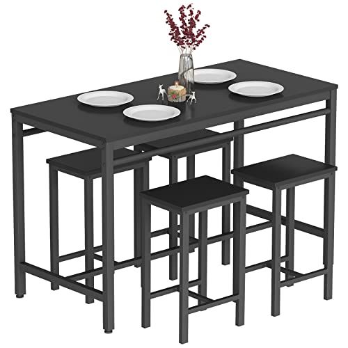 AWQM Counter Height Dining Set, Industrial Kitchen Table and Chairs for 4 with Pub Table and 4 Bar Stools, 5 Piece Bar Table Set for Small Spaces, Apartment, Dining Room, Home, Black