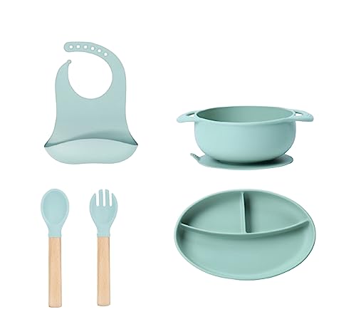 S & M Baby/Toddler Feeding Set - 5 piece silicone set - includes bib, suction bowl, plate, fork & Spoon- Great start to lead weaning (Baby blue)