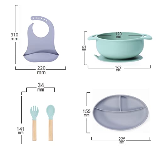 S & M Baby/Toddler Feeding Set - 5 piece silicone set - includes bib, suction bowl, plate, fork & Spoon- Great start to lead weaning (Baby blue)