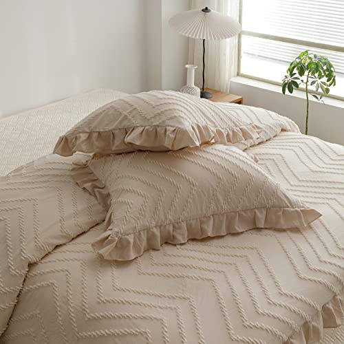 BAHALDEN Tufted Duvet Cover King Sets, Soft and Breathable Comforter Cover with Zipper Closure, Embroidery Boho Bedding with Ruffles, Cream Beige 104x90 inches and 2 Pillowcases