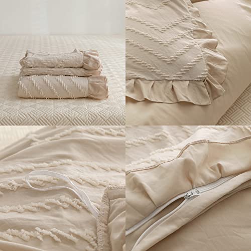 BAHALDEN Tufted Duvet Cover King Sets, Soft and Breathable Comforter Cover with Zipper Closure, Embroidery Boho Bedding with Ruffles, Cream Beige 104x90 inches and 2 Pillowcases