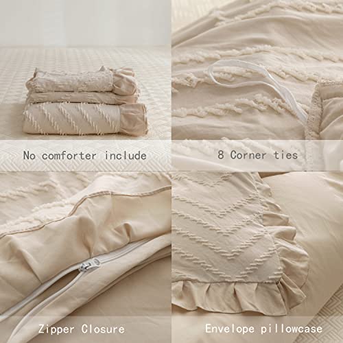 BAHALDEN Tufted Duvet Cover King Sets, Soft and Breathable Comforter Cover with Zipper Closure, Embroidery Boho Bedding with Ruffles, Cream Beige 104x90 inches and 2 Pillowcases