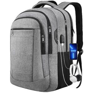 large travel backpack, laptop backpack men, tsa airline approved backpack 40l, anti theft waterproof business college computer bag with usb charging port & headphone hole fits 15.6 inch laptop, grey