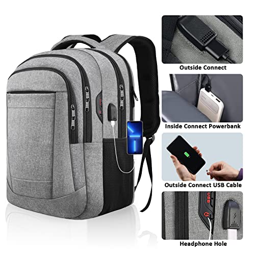 Large Travel Backpack, Laptop Backpack Men, TSA Airline Approved Backpack 40L, Anti Theft Waterproof Business College Computer Bag with USB Charging Port & Headphone Hole Fits 15.6 Inch Laptop, Grey