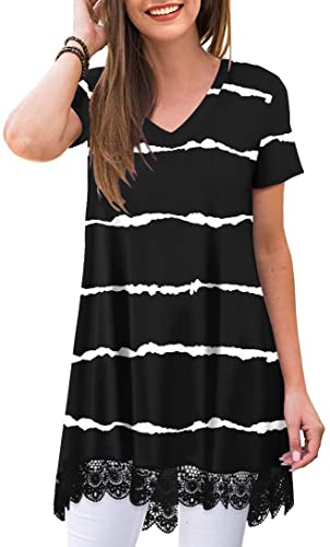 POPYOUNG Women's Summer Casual Short Sleeve Tunic Tops to Wear with Leggings V-Neck T-Shirt Loose Blouse,Lace Hem XL, Stripe Black