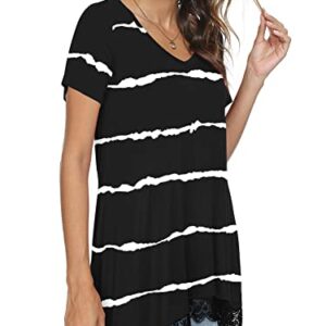 POPYOUNG Women's Summer Casual Short Sleeve Tunic Tops to Wear with Leggings V-Neck T-Shirt Loose Blouse,Lace Hem XL, Stripe Black