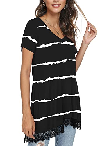 POPYOUNG Women's Summer Casual Short Sleeve Tunic Tops to Wear with Leggings V-Neck T-Shirt Loose Blouse,Lace Hem XL, Stripe Black