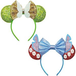 undehaac bows mouse ears headband - 2 pcs cute sequin headband for women and girls, suitable for halloween variety holiday party favors gift and cosplay role play(green blue)