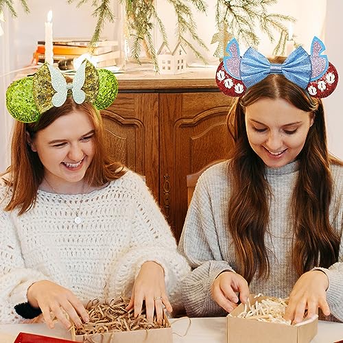 UNDEHAAC Bows Mouse Ears Headband - 2 Pcs Cute Sequin Headband for Women and Girls, Suitable for Halloween Variety Holiday Party Favors Gift and Cosplay Role Play(Green Blue)