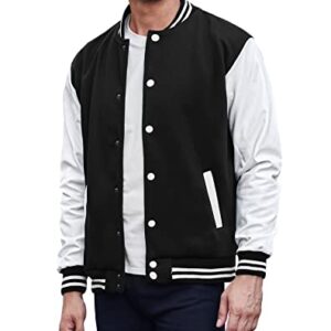 COOFANDY Men Fashion Varsity Jackets Leather Sleeve Slim Fit College Baseball Letterman Bomber Coat, Pure Black, XX-Large