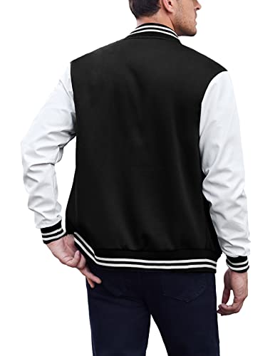 COOFANDY Men Fashion Varsity Jackets Leather Sleeve Slim Fit College Baseball Letterman Bomber Coat, Pure Black, XX-Large