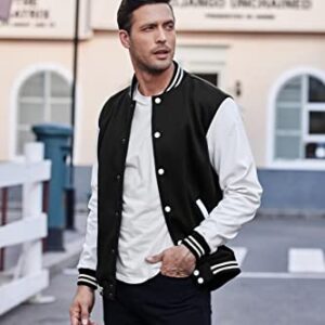 COOFANDY Men Fashion Varsity Jackets Leather Sleeve Slim Fit College Baseball Letterman Bomber Coat, Pure Black, XX-Large