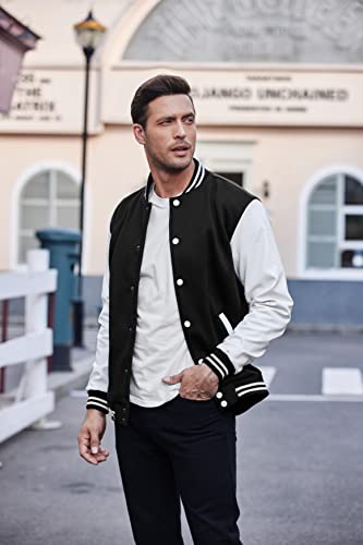 COOFANDY Men Fashion Varsity Jackets Leather Sleeve Slim Fit College Baseball Letterman Bomber Coat, Pure Black, XX-Large