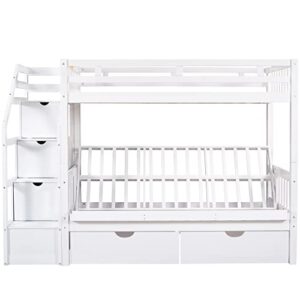 Merax Stairway Twin Over Full Bunk Bed with Staircase and Two Storage Drawers, Storage Bunk Bed with Convertible Down Bed can be Converted into Daybed, White