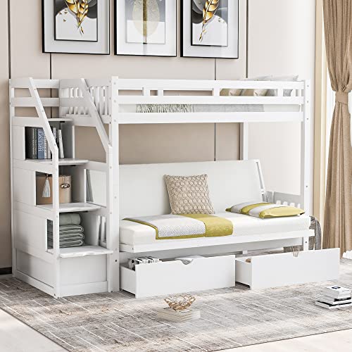 Merax Stairway Twin Over Full Bunk Bed with Staircase and Two Storage Drawers, Storage Bunk Bed with Convertible Down Bed can be Converted into Daybed, White