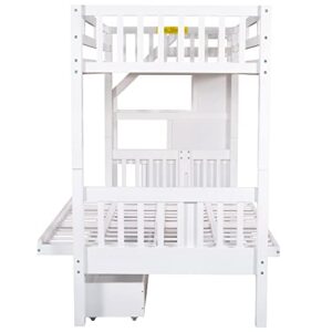 Merax Stairway Twin Over Full Bunk Bed with Staircase and Two Storage Drawers, Storage Bunk Bed with Convertible Down Bed can be Converted into Daybed, White