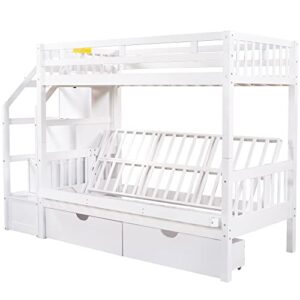 Merax Stairway Twin Over Full Bunk Bed with Staircase and Two Storage Drawers, Storage Bunk Bed with Convertible Down Bed can be Converted into Daybed, White