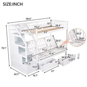 Merax Stairway Twin Over Full Bunk Bed with Staircase and Two Storage Drawers, Storage Bunk Bed with Convertible Down Bed can be Converted into Daybed, White