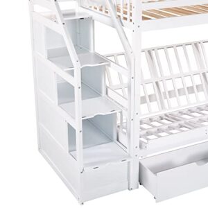 Merax Stairway Twin Over Full Bunk Bed with Staircase and Two Storage Drawers, Storage Bunk Bed with Convertible Down Bed can be Converted into Daybed, White