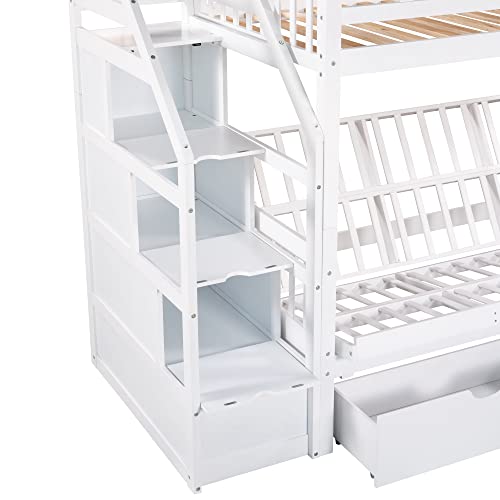 Merax Stairway Twin Over Full Bunk Bed with Staircase and Two Storage Drawers, Storage Bunk Bed with Convertible Down Bed can be Converted into Daybed, White