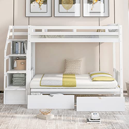 Merax Stairway Twin Over Full Bunk Bed with Staircase and Two Storage Drawers, Storage Bunk Bed with Convertible Down Bed can be Converted into Daybed, White