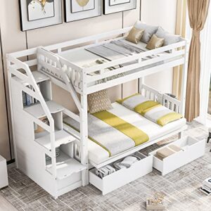 Merax Stairway Twin Over Full Bunk Bed with Staircase and Two Storage Drawers, Storage Bunk Bed with Convertible Down Bed can be Converted into Daybed, White