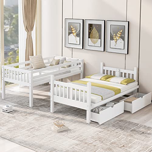 Merax Stairway Twin Over Full Bunk Bed with Staircase and Two Storage Drawers, Storage Bunk Bed with Convertible Down Bed can be Converted into Daybed, White