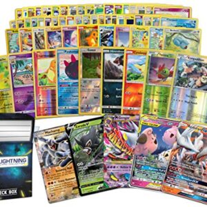 Lightning Card Collection's Ultra Rare Bundle- 50 Cards That inculdes (4 foil Cards and Rare Cards, 1 Random Legendary Ultra-Rare Card) and a deckbox Compatible with Pokemon Cards