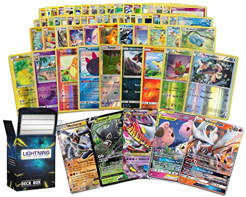 Lightning Card Collection's Ultra Rare Bundle- 50 Cards That inculdes (4 foil Cards and Rare Cards, 1 Random Legendary Ultra-Rare Card) and a deckbox Compatible with Pokemon Cards