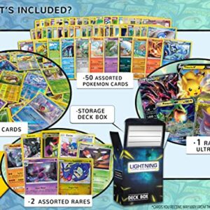 Lightning Card Collection's Ultra Rare Bundle- 50 Cards That inculdes (4 foil Cards and Rare Cards, 1 Random Legendary Ultra-Rare Card) and a deckbox Compatible with Pokemon Cards