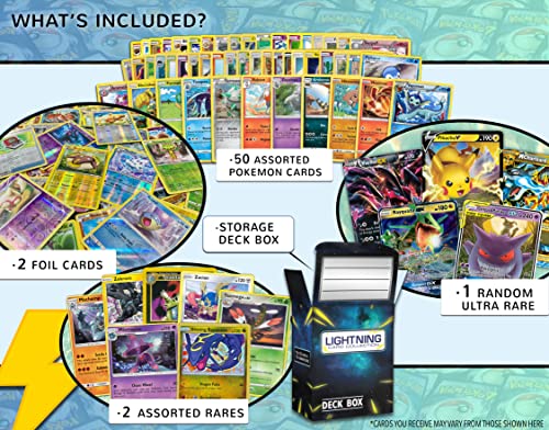 Lightning Card Collection's Ultra Rare Bundle- 50 Cards That inculdes (4 foil Cards and Rare Cards, 1 Random Legendary Ultra-Rare Card) and a deckbox Compatible with Pokemon Cards