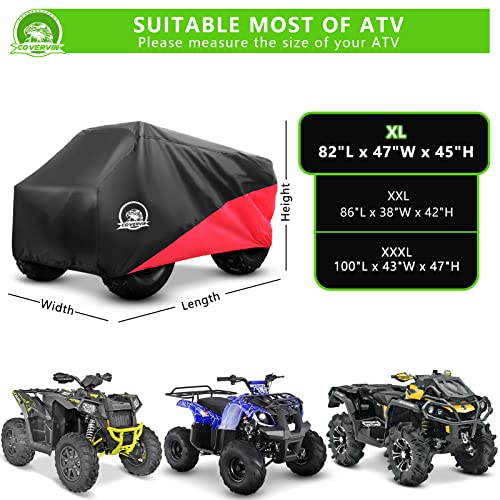 COVERVIN ATV Cover, Heavy-Duty Waterproof Oxford Fabric Protective 4 Wheeler Quad Cover Durable All-Weather, for 82-Inch Most Four-Axle Vehicles,Kawasaki Honda Polaris Yamaha (XL, Red)