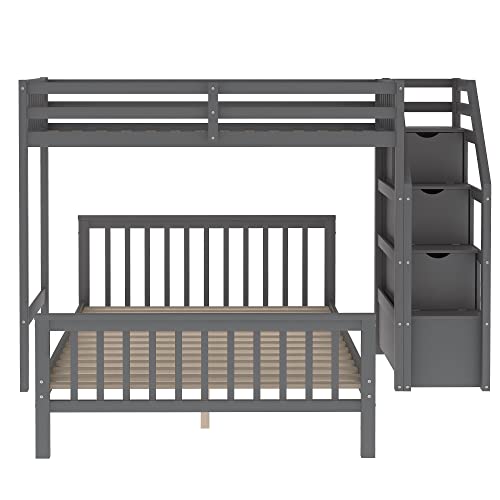 Harper & Bright Designs Twin Over Full Bunk Bed with Staircase, Wooden L Shaped Bunk Beds for Kids, Twin Loft Bed with Storage Drawers and Full Platform Bed, No Box Spring Needed (Gray)