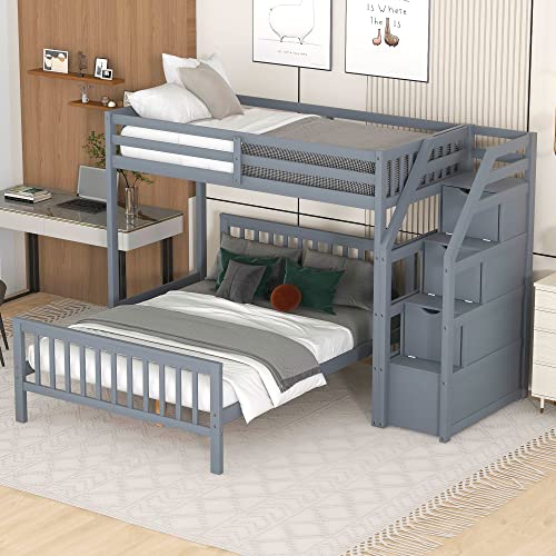 Harper & Bright Designs Twin Over Full Bunk Bed with Staircase, Wooden L Shaped Bunk Beds for Kids, Twin Loft Bed with Storage Drawers and Full Platform Bed, No Box Spring Needed (Gray)