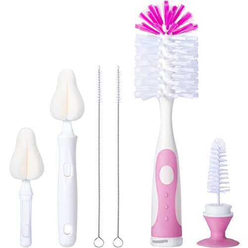 CAREBABYMORE Baby Bottle Brush Set with Nipple Cleaner and Suction, 10.2" Cleaning Brush and 6.5" Sponge Bottle Brush with A Replacement Brush Head and Two 6.7" Straw Brushes, Pack of 5 (Pink)