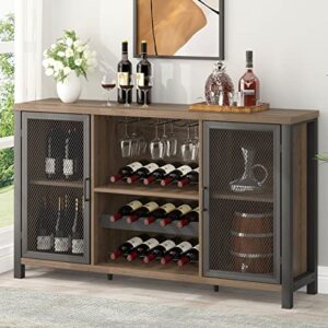 ibf industrial wine bar cabinet, coffee bar cabinet for liquor and glasses, farmhouse liquor cabinet with storage rack, sidebaord buffet cabinet for home kitchen dining living room, rustic oak, 55 in