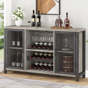 ibf rustic liquor bar cabinet, industrial coffee wine cabinet for liquor and glasses, farmhouse bar for home kitchen living dining, sideboard buffet cabinet with bar rack storage, light gray oak 55 in