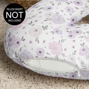 Sweet Jojo Designs Watercolor Floral Nursing Pillow Cover Breastfeeding Pillowcase for Newborn Infant Bottle Breast Feeding Pillow NOT Included Lavender Purple Pink Grey Boho Shabby Chic Rose Flower