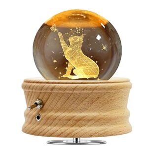 figermoon 3d crystal ball music box with projection led light and rotating wooden base, gift for birthday christmas day, music boxes for women mom daughter(cat)