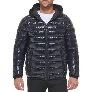 calvin klein men's hooded super shine puffer jacket, navy, small