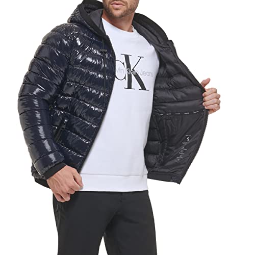 Calvin Klein Men's Hooded Super Shine Puffer Jacket, Navy, Small