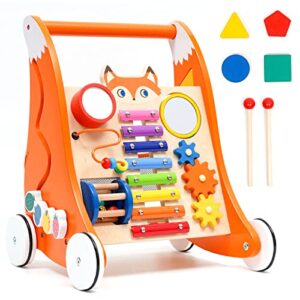 wooden baby walker baby push walker with multiple entertainment activity center, sit-to-stand learning baby walkers for 1 year old boys girls infants