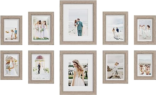 Povrgive Picture Frames Set of 10 Wood Grain, Bulk MDF Frames for 8x10, 5x7, 4x6 Photos Real Glass for Wall or Tabletop