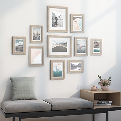 Povrgive Picture Frames Set of 10 Wood Grain, Bulk MDF Frames for 8x10, 5x7, 4x6 Photos Real Glass for Wall or Tabletop