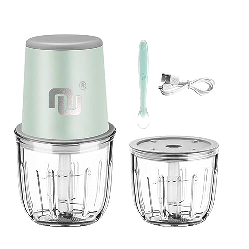 Portable Cordless Electric Baby Food Processor/Mini Food Chopper Rechargeable 150W/1200mAh 2 Glass Cups 10oz/20oz Containers for Vegetable/Fruit/Meat, Baby Foods Container with Silicone Baby Spoon for Dicing, Mincing and Puree (2 cups included）