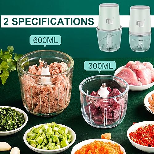 Portable Cordless Electric Baby Food Processor/Mini Food Chopper Rechargeable 150W/1200mAh 2 Glass Cups 10oz/20oz Containers for Vegetable/Fruit/Meat, Baby Foods Container with Silicone Baby Spoon for Dicing, Mincing and Puree (2 cups included）