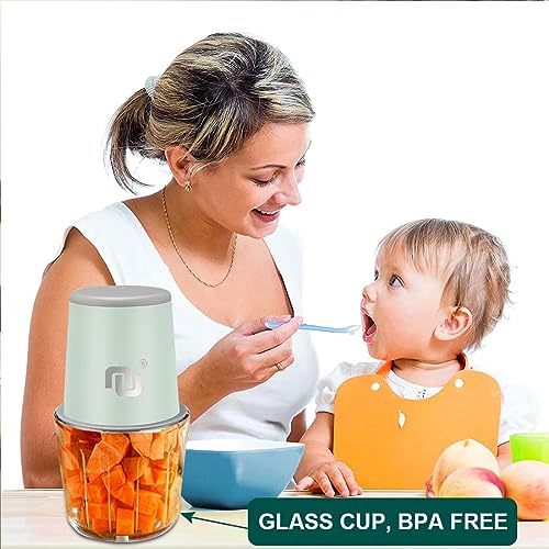 Portable Cordless Electric Baby Food Processor/Mini Food Chopper Rechargeable 150W/1200mAh 2 Glass Cups 10oz/20oz Containers for Vegetable/Fruit/Meat, Baby Foods Container with Silicone Baby Spoon for Dicing, Mincing and Puree (2 cups included）