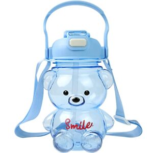 kawaii bear straw bottle, large capacity double drink ports cartoon kids bear water bottle with strap and straw, cute portable bear shaped water bottle adjustable removable strap for girls and children (blue)